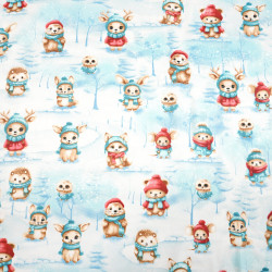 Cotton 100% red and turquoise animals in the winter forest