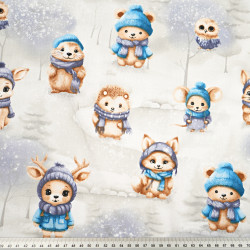 Cotton 100% blue and navy blue animals in the winter forest