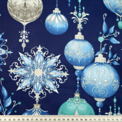 Cotton 100% blue Christmas baubles on a navy blue background