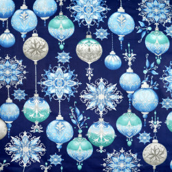 Cotton 100% blue Christmas baubles on a navy blue background