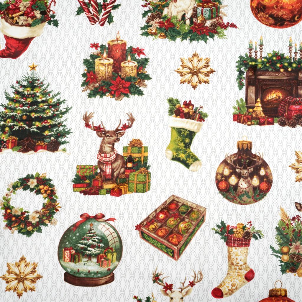 Cotton 100% Christmas pattern red green fireplace and Christmas tree