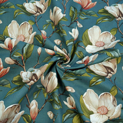 Cotton 100% beige magnolia flowers on a sea color background - 220 cm