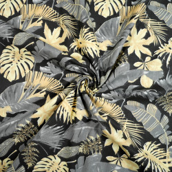 Cotton 100% gold & graphite leaves with on a black background - Second class