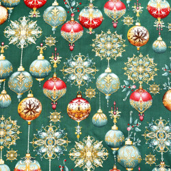 Cotton 100% Christmas baubles on a green background