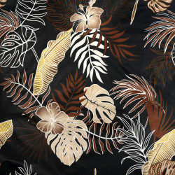 Cotton 100% brown monstera and banana leaves with flowers on a black background