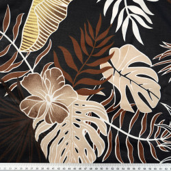 Cotton 100% brown monstera and banana leaves with flowers on a black background