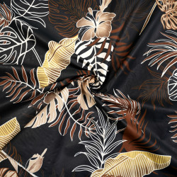 Cotton 100% brown monstera and banana leaves with flowers on a black background