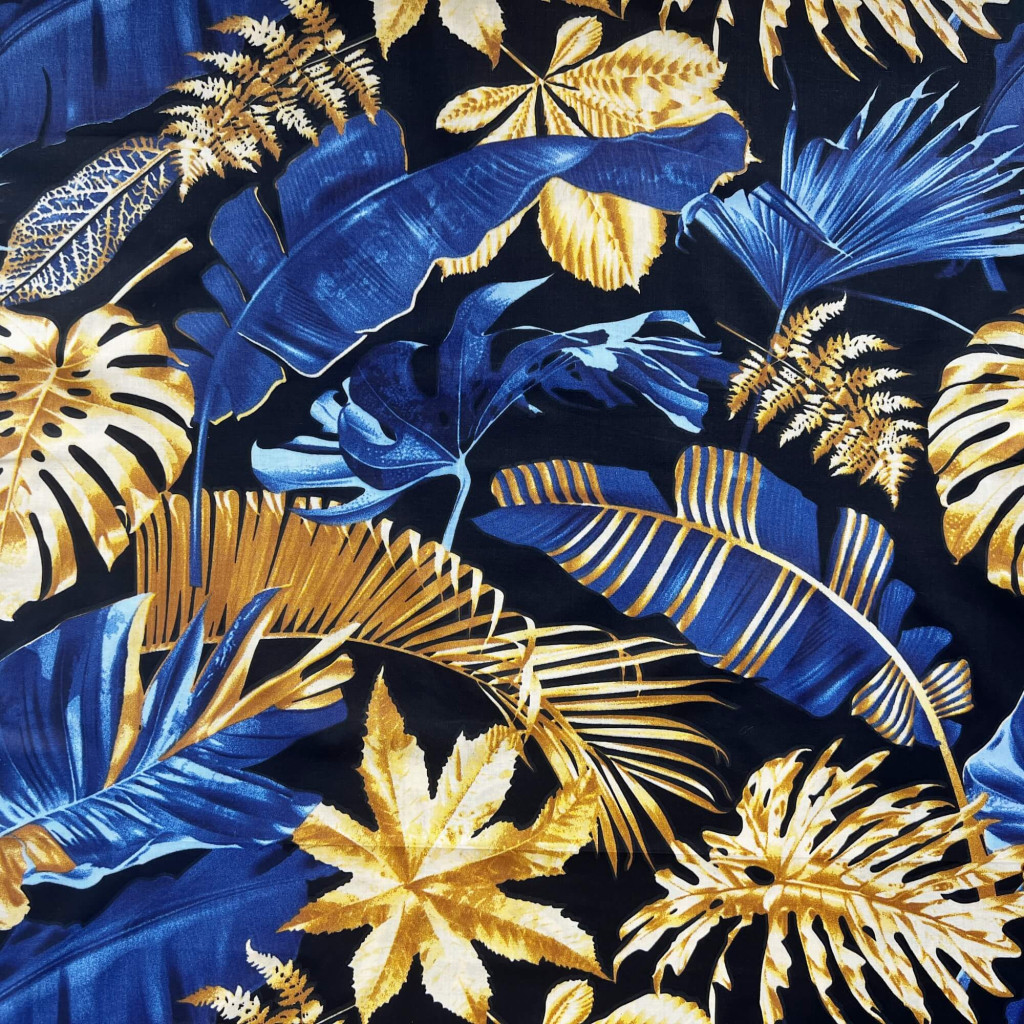 Cotton 100% large gold sapphire leaves on a black background - 220 cm