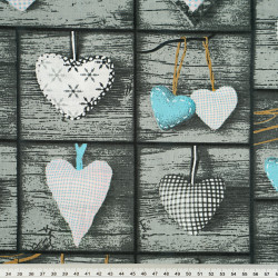 Cotton turquoise hearts in square on board background