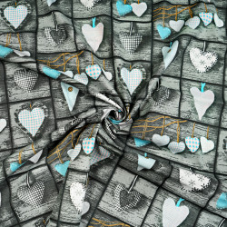 Cotton turquoise hearts in square on board background