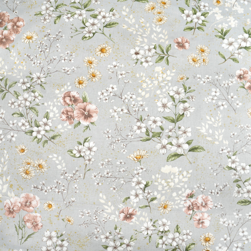 Cotton 100% flowers on beige and brown branches on a gray background