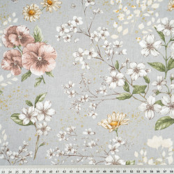 Cotton 100% flowers on beige and brown branches on a gray background