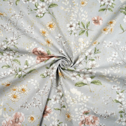 Cotton 100% flowers on beige and brown branches on a gray background