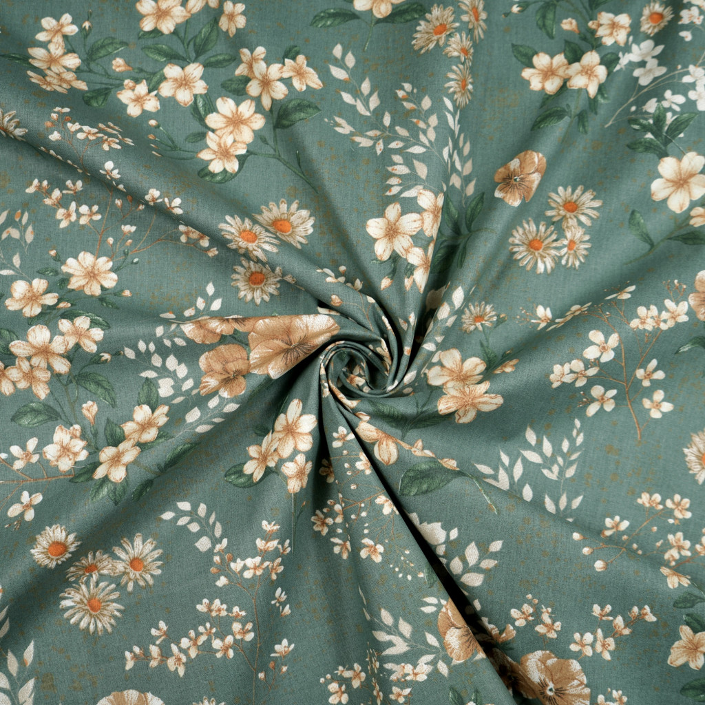 Cotton 100% flowers on beige and brown branches on a sage background