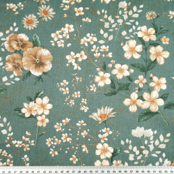 Cotton 100% flowers on beige and brown branches on a sage background