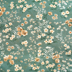 Cotton 100% flowers on beige and brown branches on a sage background