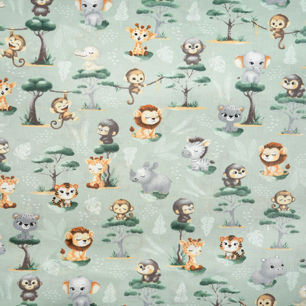 Cotton 100% African baby animals on a sage background