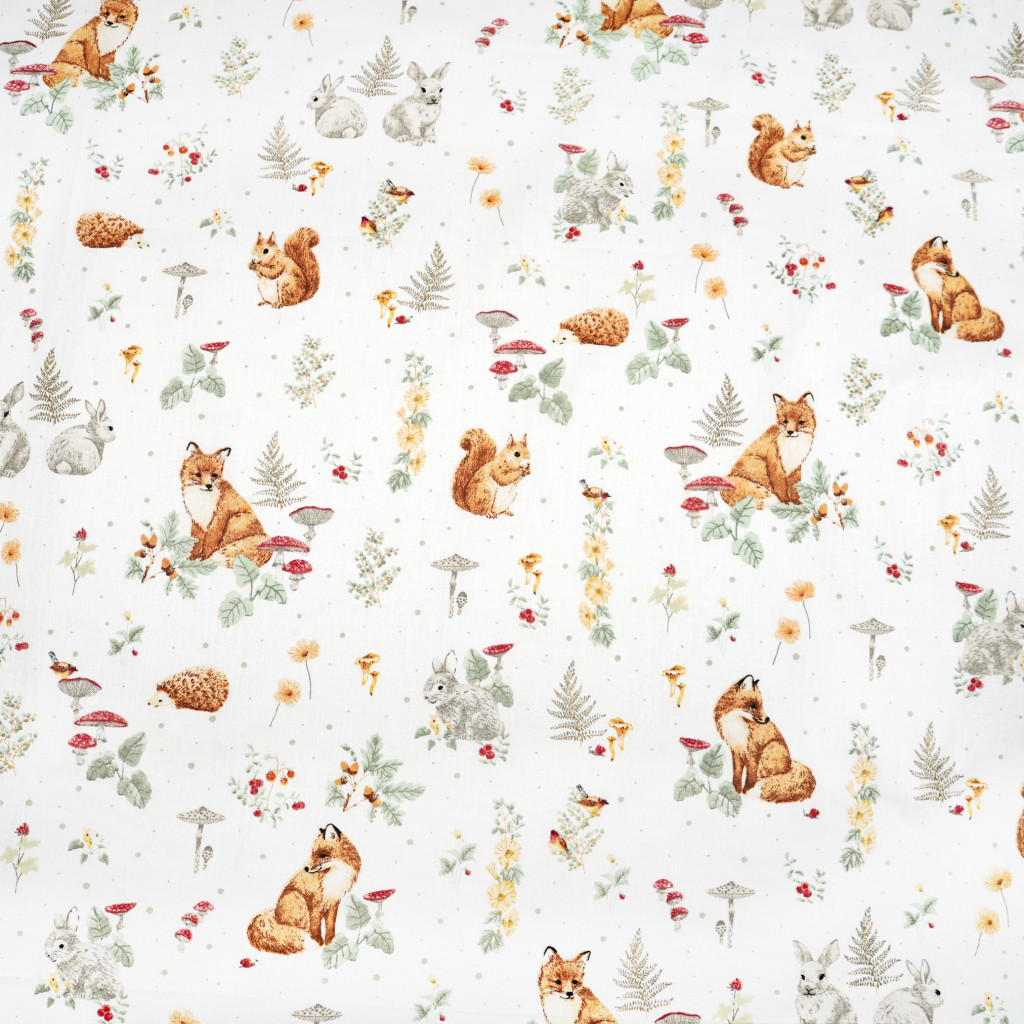 Cotton 100% ginger animals with mushrooms on a white background