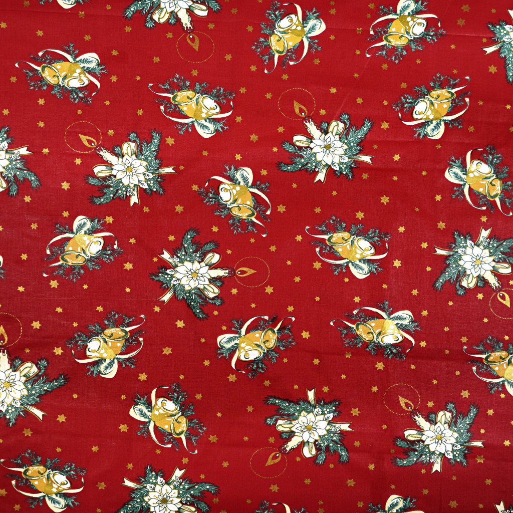 Cotton Christmas pattern gilded bells and wreaths on a dark red background