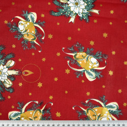 Cotton Christmas pattern gilded bells and wreaths on a dark red background