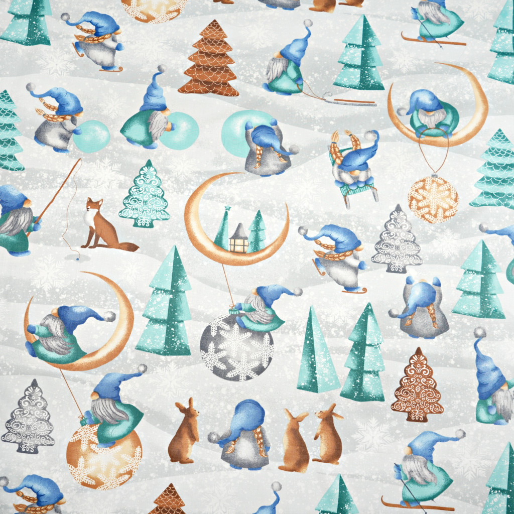 Cotton 100% Christmas pattern of blue and mint elves with a moon on a gray background