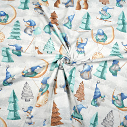 Cotton 100% Christmas pattern of blue and mint elves with a moon on a gray background