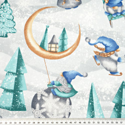 Cotton 100% Christmas pattern of blue and mint elves with a moon on a gray background