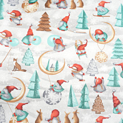 Cotton 100% Christmas pattern of red and mint elves with a moon on a gray background