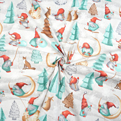 Cotton 100% Christmas pattern of red and mint elves with a moon on a gray background