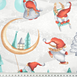 Cotton 100% Christmas pattern of red and mint elves with a moon on a gray background