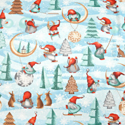 Cotton 100% Christmas pattern of red and mint elves with a moon on a blue background