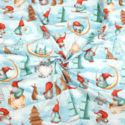 Cotton 100% Christmas pattern of red and mint elves with a moon on a blue background