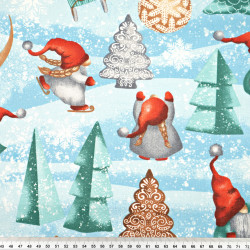 Cotton 100% Christmas pattern of red and mint elves with a moon on a blue background