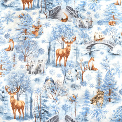 Cotton 100% blue winter forest with animals