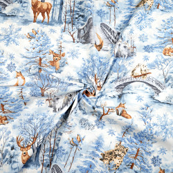 Cotton 100% blue winter forest with animals