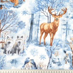 Cotton 100% blue winter forest with animals