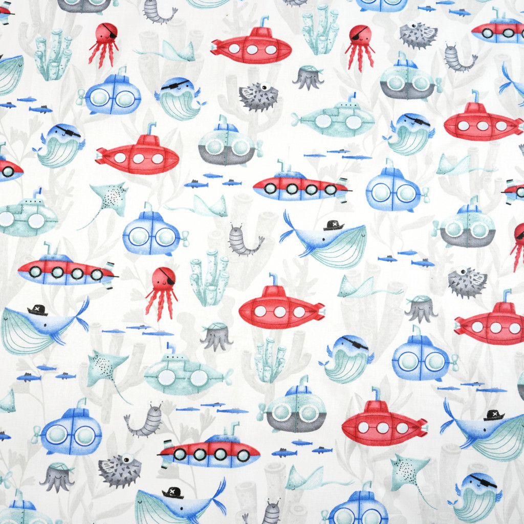 Cotton 100% nautical pattern blue red submarine on white background