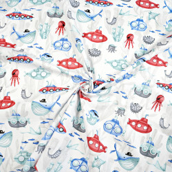 Cotton 100% nautical pattern blue red submarine on white background