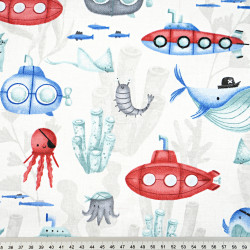 Cotton 100% nautical pattern blue red submarine on white background