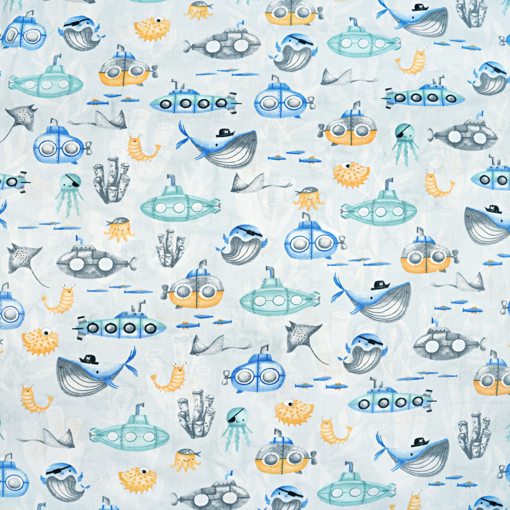 Cotton 100% nautical pattern blue yellow submarine on blue background