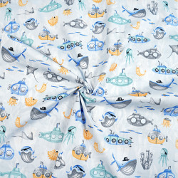 Cotton 100% nautical pattern blue yellow submarine on blue background