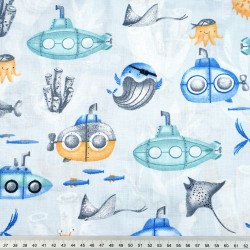 Cotton 100% nautical pattern blue yellow submarine on blue background