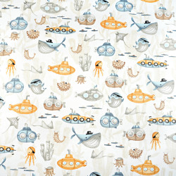 Cotton 100% nautical patter beige yellow submarine on white background