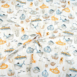 Cotton 100% nautical patter beige yellow submarine on white background