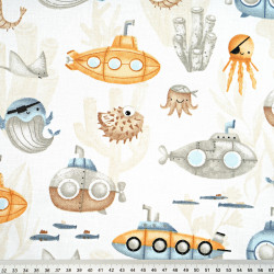 Cotton 100% nautical patter beige yellow submarine on white background