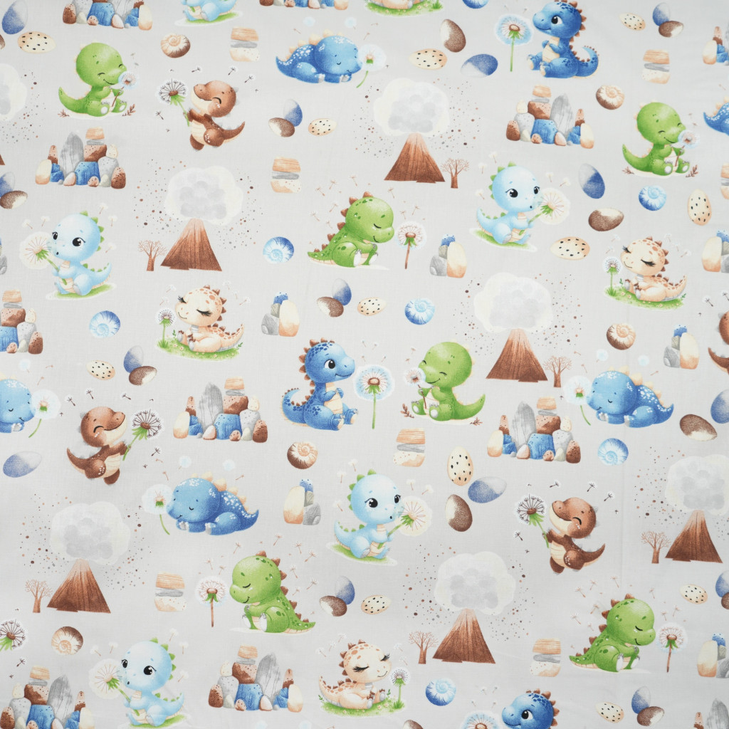 Cotton 100% blue green dinosaurs with volcano on gray background