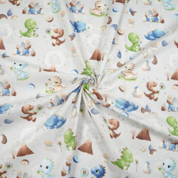 Cotton 100% blue green dinosaurs with volcano on gray background