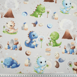 Cotton 100% blue green dinosaurs with volcano on gray background