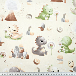 Cotton 100% green and brown dinosaurs with a volcano on an ecru background