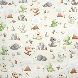 Cotton 100% green and brown dinosaurs with a volcano on an ecru background